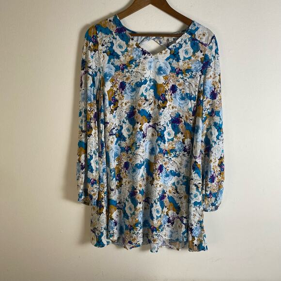 Umgee Sz S Floral Mini Dress Blue Purple Gold Boho Cottagecore Peasant Bohemian - Picture 1 of 11